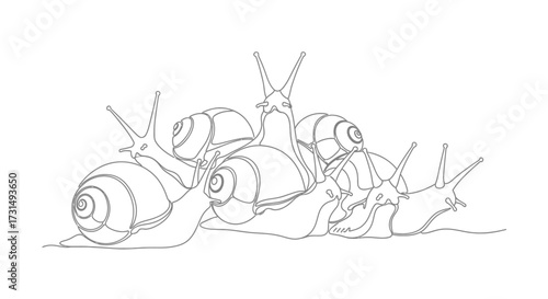 Elegant continuous line drawing showcasing a harmonious cluster of garden snails