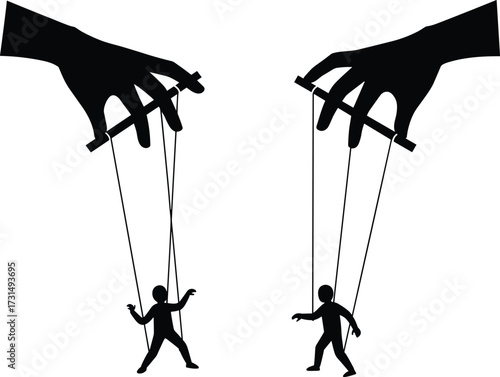 Silhouette illustration of puppet manipulation with human marionettes controlled by hands, abstract control concept, power dominance vector design, authority influence symbolic art