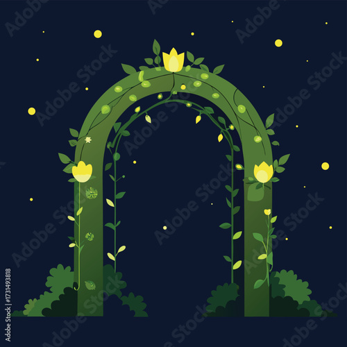 arch covered in vines with glowing fireflies .eps