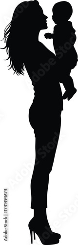 Silhouette of mother holding baby in arms, loving parent and child illustration, family bond vector design, motherhood concept, maternal love abstract art