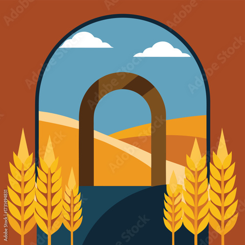 arch surrounded by golden wheat fields .eps