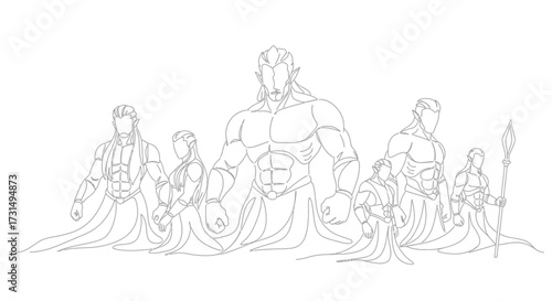 Mythical Warriors, Fantasy Realm, Digital Illustration, Dramatic Atmosphere, Heroic Perspective