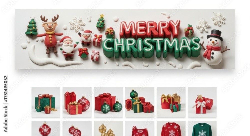 Fototapeta premium Merry christmas banner with a snowman and reindeer