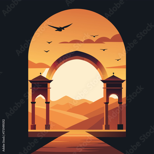 archway formation with migrating birds flying thro.eps