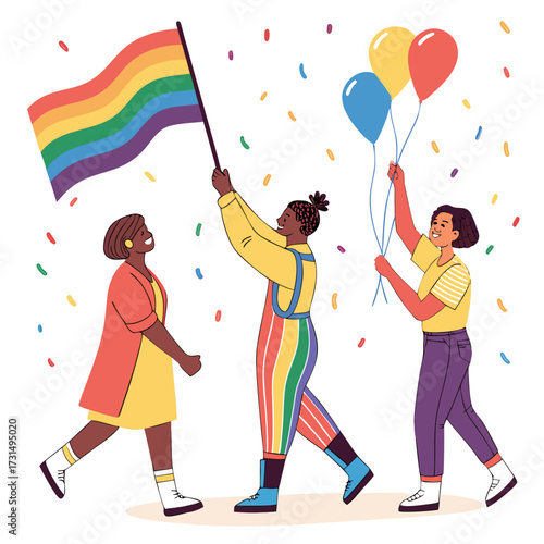 Joyful group celebrating LGBTQ+ pride with rainbow flag, balloons, and confetti during a vibrant parade, expressing love and acceptance.