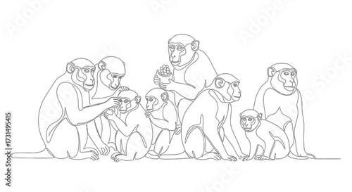 Group of Monkeys Engaging in Social Grooming, Natural Habitat, Illustration, Playful Environment, Close-Up View, Wildlife Concept
