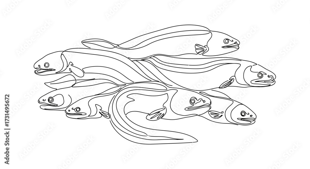 Fototapeta premium Dynamic School of Eels Swimming Together in Clear Water, Illustration, Underwater Scene, Aquatic Life, Nature Concept