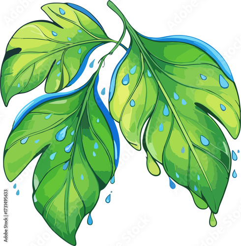 Moisture Leaves with Blue Water Droplets Vector, Fresh Nature Illustration
