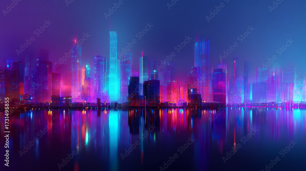 Fototapeta premium Cityscape at night with colorful neon lights reflected in calm water surface
