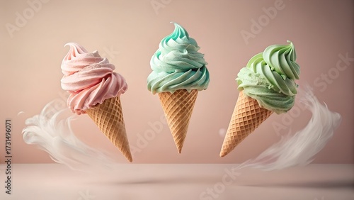 Three colorful ice cream cones with swirls of pink, mint green, and light green, floating with wisps of cream against a soft, peachy background