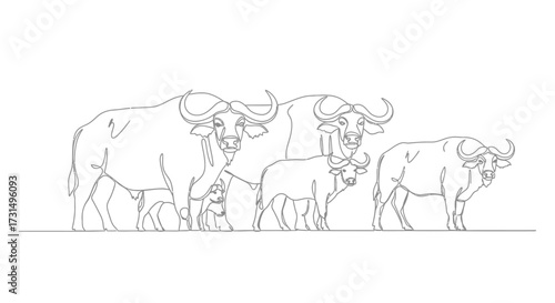 Buffalo Herd Grazing in Pasture, Nature Illustration, Rural Landscape, Peaceful Environment, Side View, Animal Concept