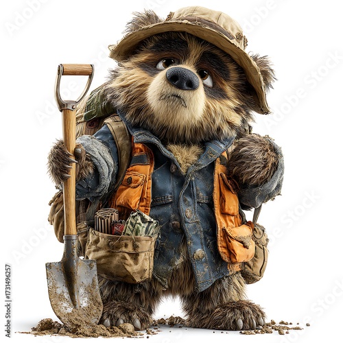 Brown Bear Archaeologist with Shovel Discovery Mascot in Standing Pose on White Background