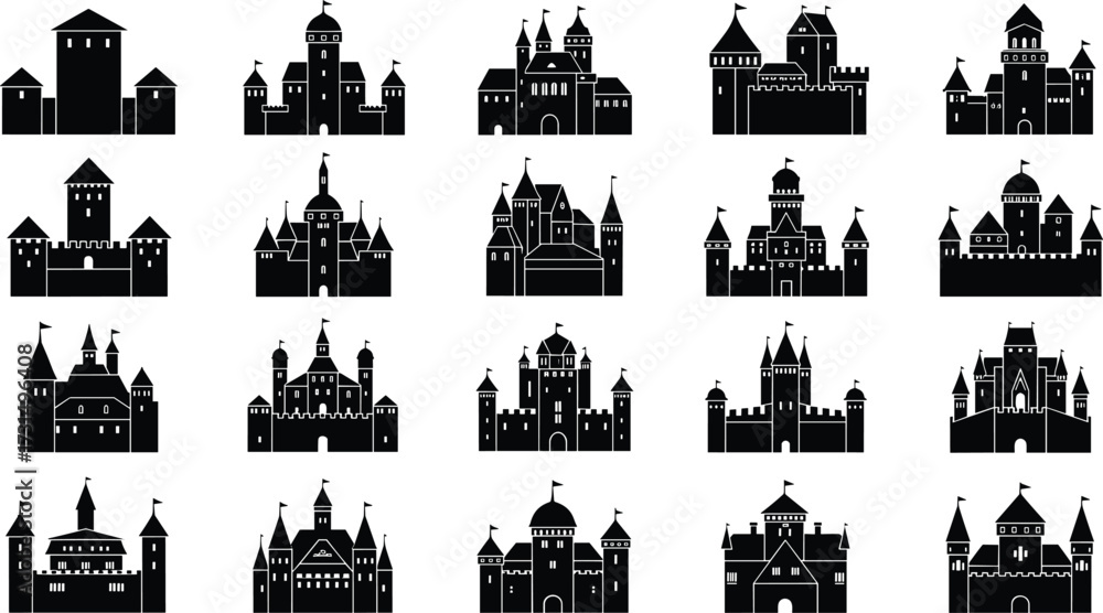 Fototapeta premium Castle silhouette collection, medieval fortress icons, fantasy architecture, black vector castles, tower illustration set, royalty theme, graphic design asset