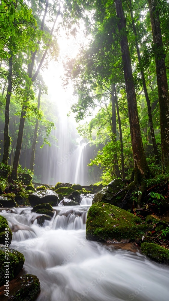 Obraz premium Lush Waterfall in a Misty Forest