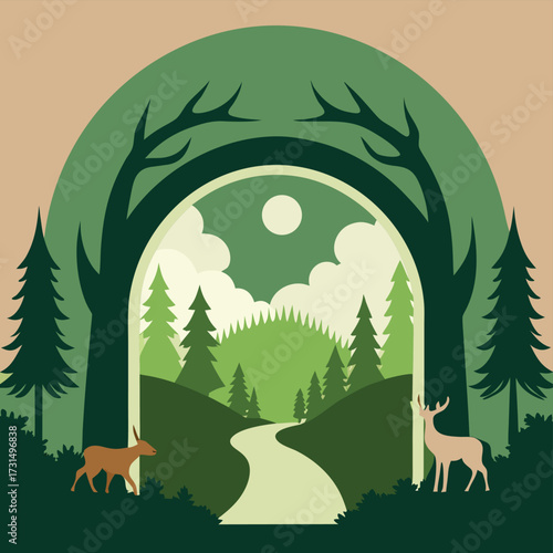 forest arch surrounded by deer grazing .eps