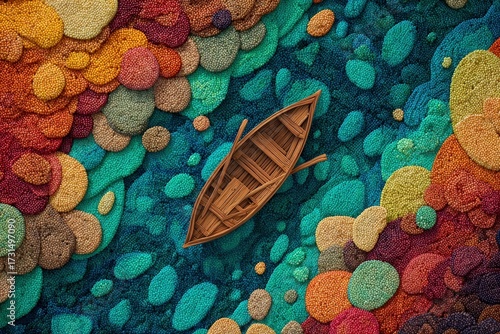 A small wooden boat floats peacefully on a vibrant, textured body of water, composed of colorful, clustered shapes, evoking a sense of tranquility and artistry.