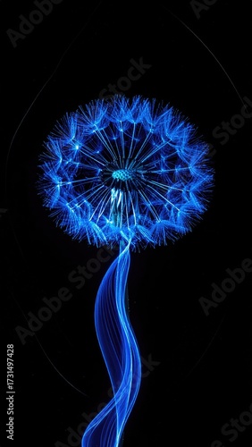 Blue illuminated dandelion on a black background