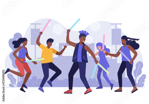 Diverse group dancing, vibrant light sticks, colorful party atmosphere. Suitable for event promotions, entertainment concepts, celebration themes, dance presentations.