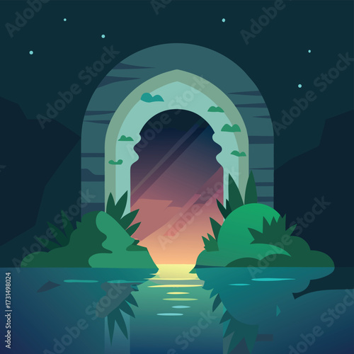 hidden arch lagoon glowing with sunlight .eps