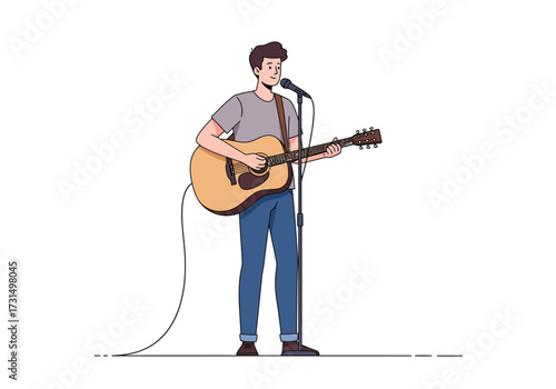 Man playing acoustic guitar and singing independently. Ideal for music promotions, album covers, live performances, and advertisements.