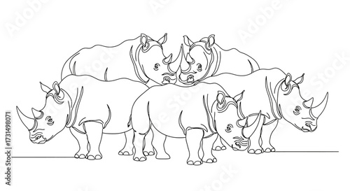 Rhinos Forming a Circle in Minimalist Line Art Style