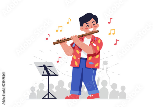 Happy flutist performs music before a crowd with a music stand. Suitable for music events, concerts, artistic performances, and instruments.