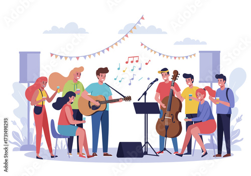 Musical band performing for crowd at outdoor festival. Suitable for event promotions, music blogs, and concert advertising materials.