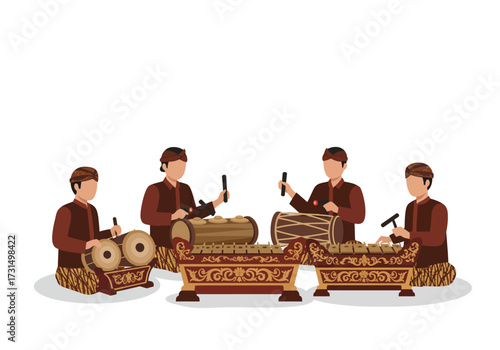 Four musicians performing traditional javanese gamelan music in indonesia. Suitable for cultural websites, music publications, and travel brochures.