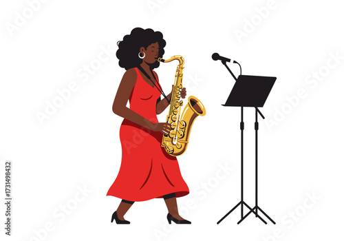 Elegant woman in red dress plays saxophone, adding sophistication and flair to musicrelated projects, music events, posters, or advertisements.