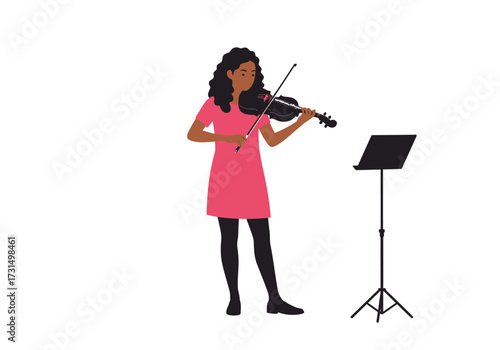 Perfect for musical event promotions, concert posters, and music instrument advertisements. Elegant woman in pink playing the violin beautifully.
