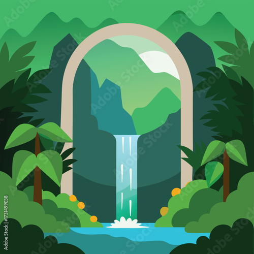 waterfall arch in lush rainforest .eps
