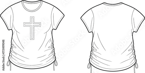 Christian cross graphic women t-shirt design, short sleeve top illustration, religious apparel template, casual fashion sketch, vector mockup, drawing