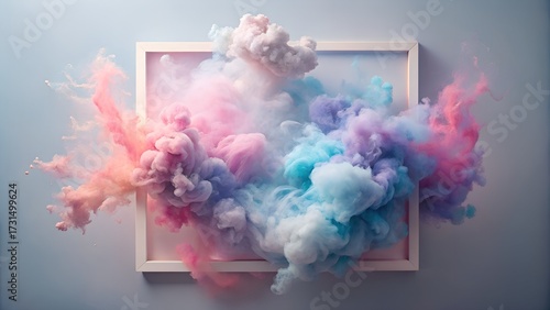 Abstract explosion of colorful pastel smoke or powder inside a white frame against a soft blue background, creating a dreamy and ethereal effect