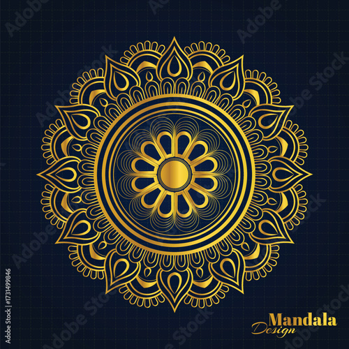 Intricate golden mandala design on dark blue background.