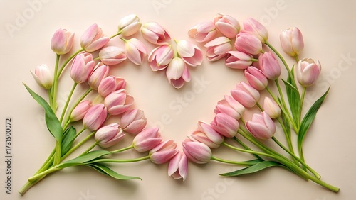Wallpaper Mural A beautiful heart shape formed by delicate pink tulips with green stems and leaves, set against a soft, neutral beige background, symbolizing love and affection Torontodigital.ca