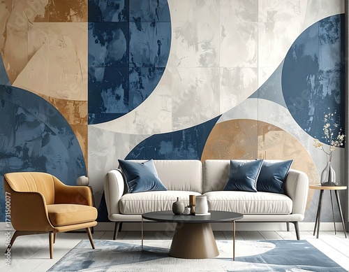Cozy room with abstract wall, cream couch, and gold chair