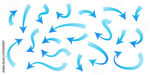 Blue gradient arrow set. Wavy arrows icon for wind direction or water stream movement