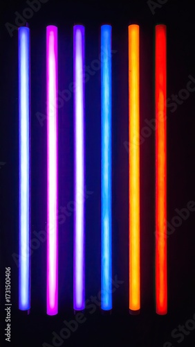 Six neon tubes glow with vibrant colors on a dark backdrop