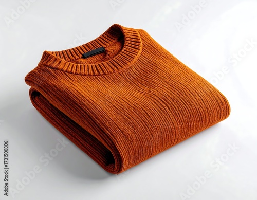 Folded rust-colored ribbed sweater on white background