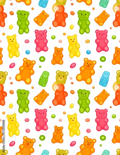 Colorful gummy bear pattern on white background (2)