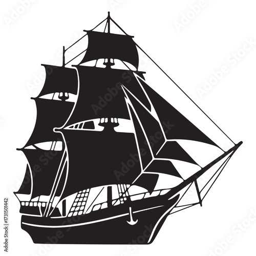 Black Silhouette of Sailing Ship Vector | Nautical, Maritime, and Adventure Design