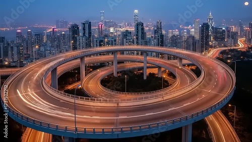 Time-lapse of Shanghais Nanpu Bridge interchange at night with city skyline.