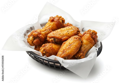 Crispy golden fried chicken wings in basket against white background