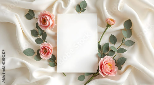 Elegant Pink Rose Flowers with Green Leaves and White Blank Card on Satin Fabric