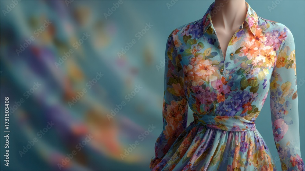 Obraz premium Elegant floral long-sleeve dress with vibrant colorful pattern, fitted waist, collared neckline, in soft focus studio background, fashion apparel concept