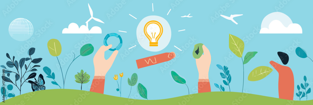 Naklejka premium Environmental sustainability concept with hands holding recycling symbol and leaf, green energy wind turbine, light bulb idea, and growing plants in minimalist flat vector style