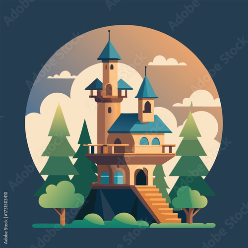 a fairy tale castle style treehouse with tiny towe (2).eps
