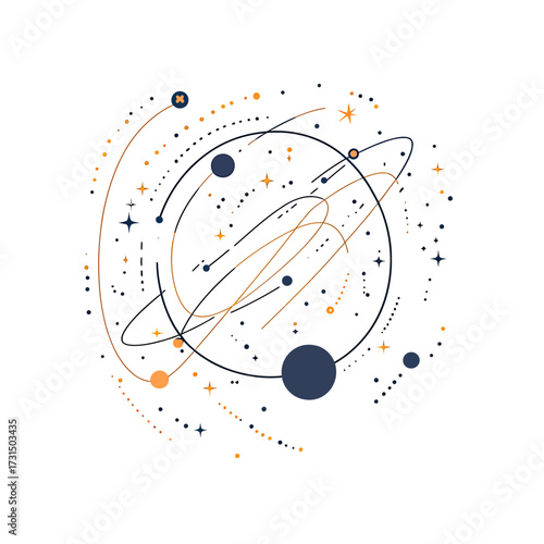 Abstract cosmic orbital network with interconnected points stars and planets in minimalist vector style on white background illustration for space and technology concept