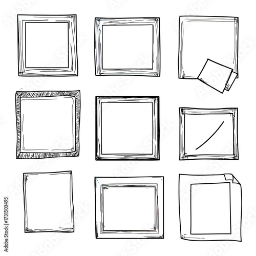 Set of nine hand drawn doodle sketch style empty photo frames and paper sticky notes in square and rectangle shapes for creative design and decoration vector illustration
