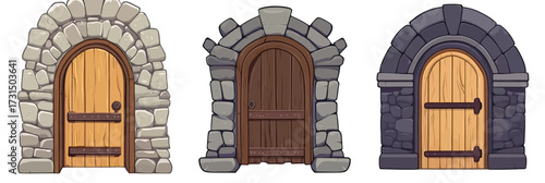 Set of three medieval stone arch doors with wooden panels and iron hinges castle entrances fantasy ancient architecture gate elements isolated flat vector illustration
